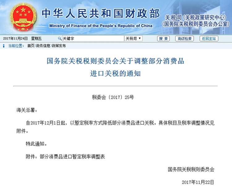 国务院下调部分日用消费品进口关税，平均税率由17.3%降至7.7%
