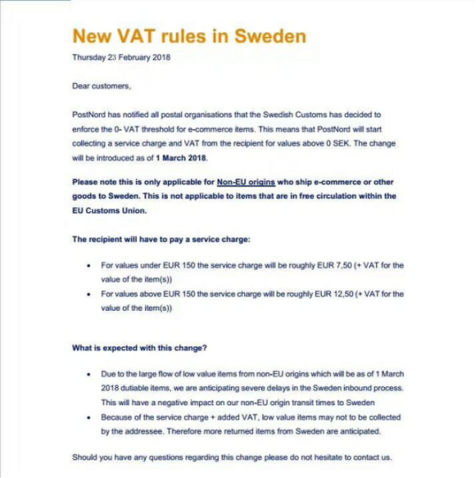 一纸通知吓跑一群卖家！瑞典VAT明日生效，大批货物或将被退回