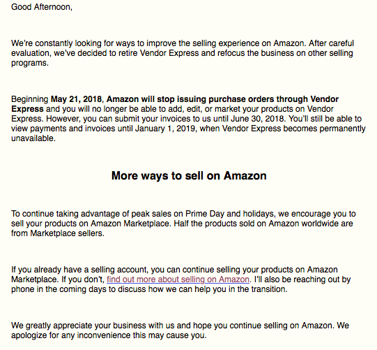 亚马逊要关闭Vendor Express了！卖家你们收到邮件了吗？